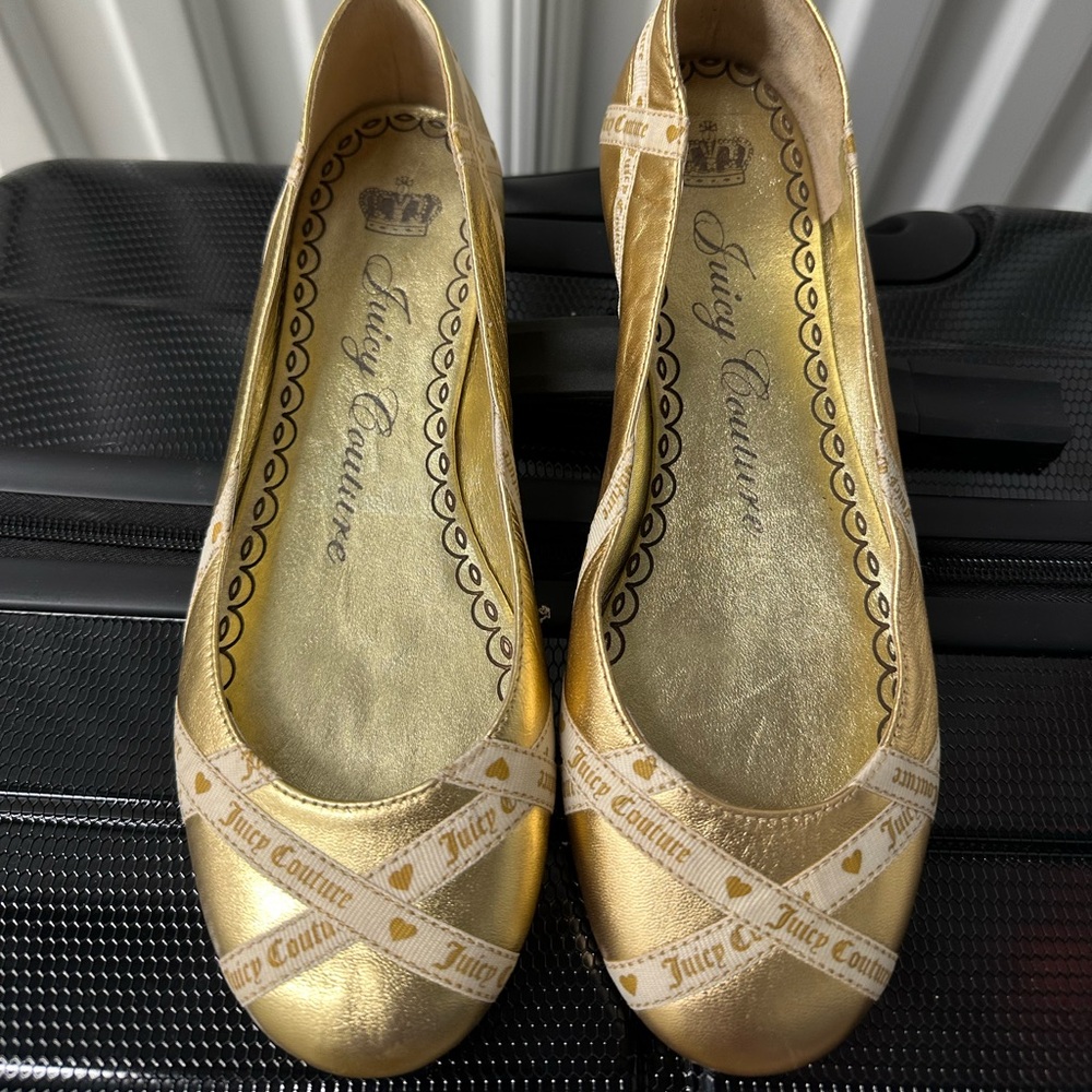 RARE Y2K Juicy Couture Logo EMO Ballet Flats Gold Shoes 6  denim friendly